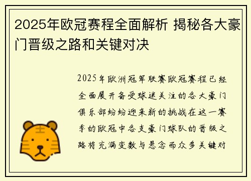 2025年欧冠赛程全面解析 揭秘各大豪门晋级之路和关键对决