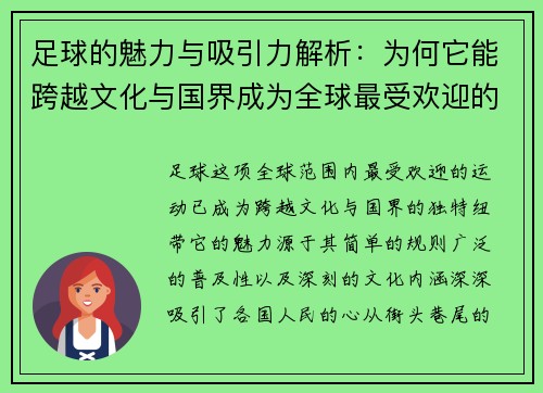 足球的魅力与吸引力解析：为何它能跨越文化与国界成为全球最受欢迎的运动